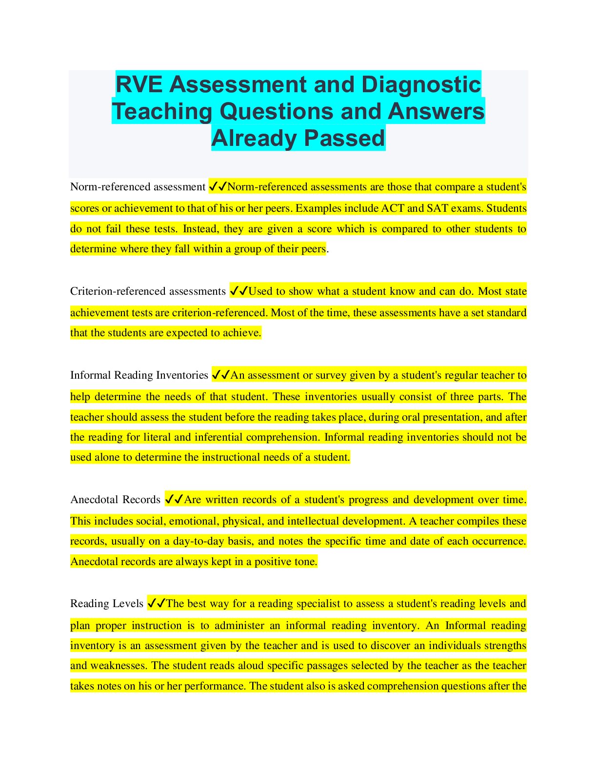 Preview image for RVE Assessment and Diagnostic Teaching Questions and Answers Already Passed